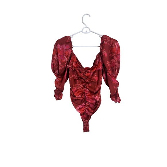 For Love & Lemons Tops - For Love & Lemons Bodysuit Womens Small Red Floral Satin Ruched Puff Sleeve Top